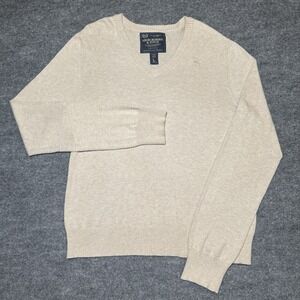 Abercrombie & Fitch Men's‎ Light Beige V-Neck Cotton Sweater Size Medium Logo